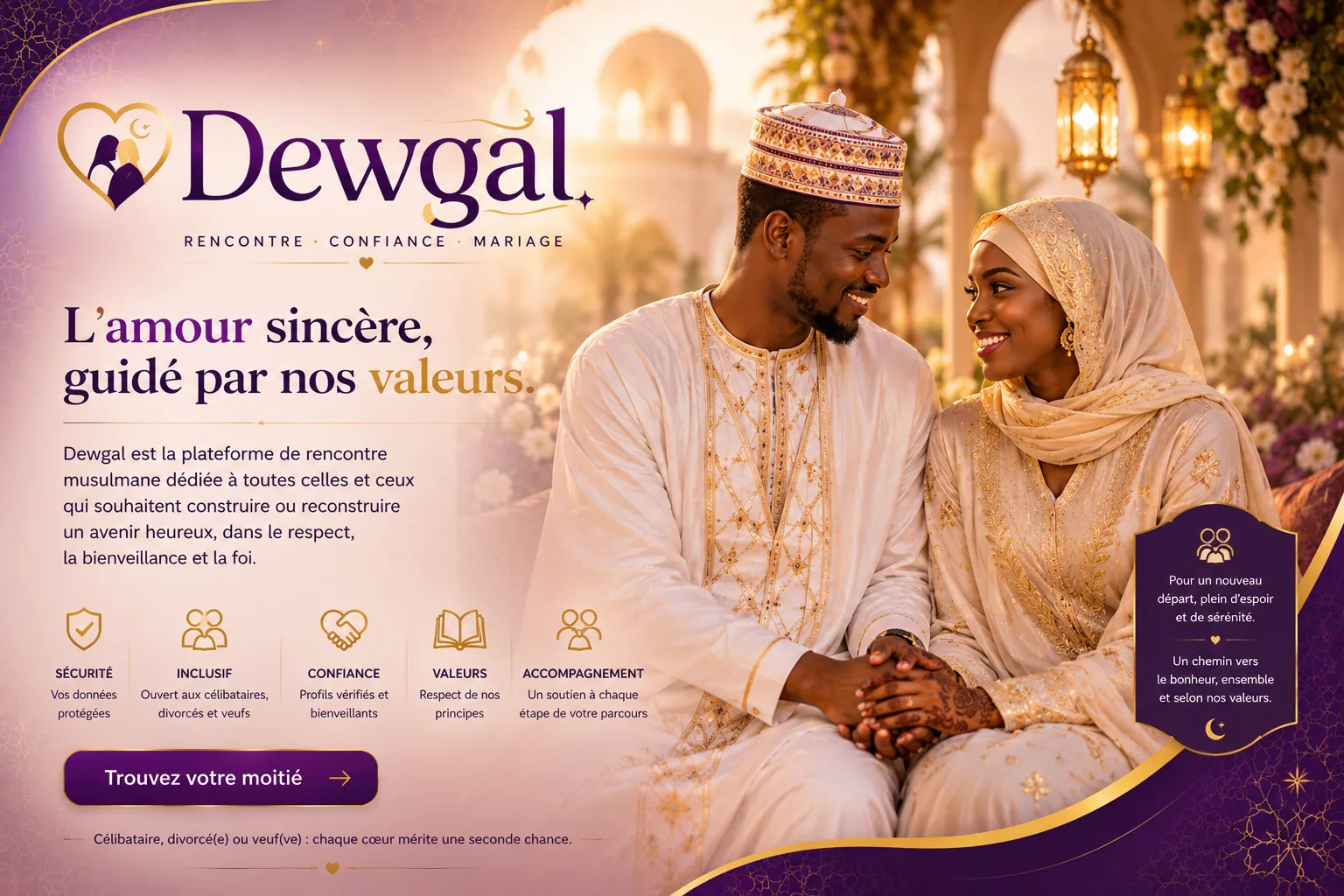 Couple musulman ouest-africain enlacé dans une lumière dorée — « L'amour sincère, guidé par nos valeurs », visuel de marque Dewgal