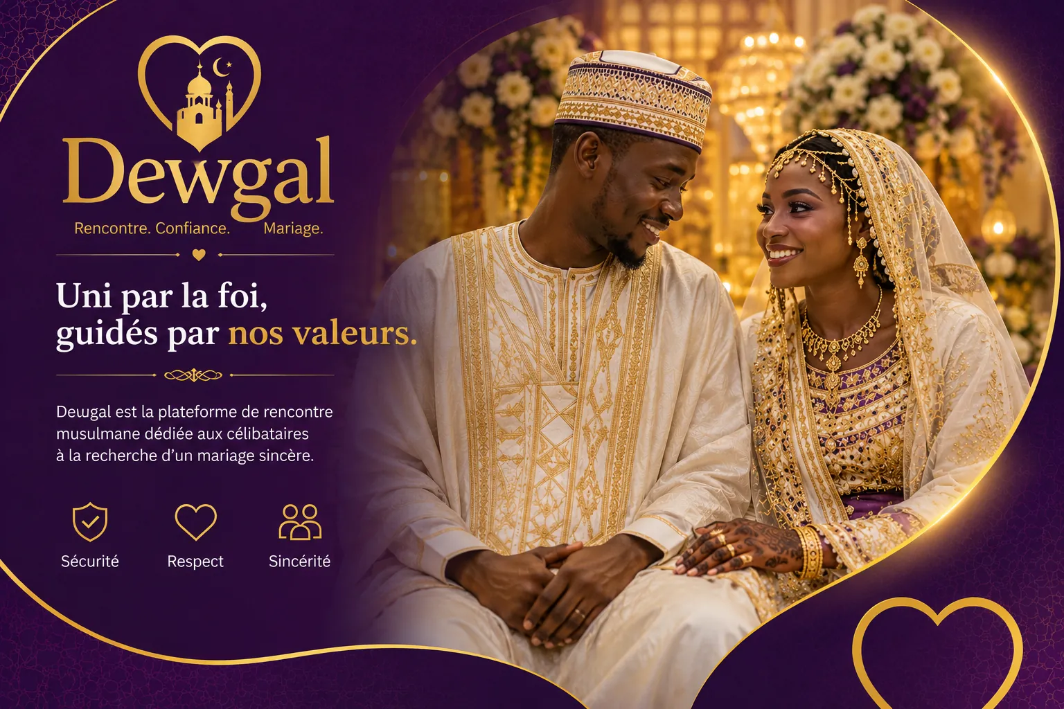Couple de mariés ouest-africains musulmans en tenues ivoire et or — « Uni par la foi, guidés par nos valeurs », visuel de marque Dewgal